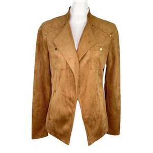 Rafaella Tan Faux Suede Open Front Blazer Long Sleeve Jacket Pockets Women's M